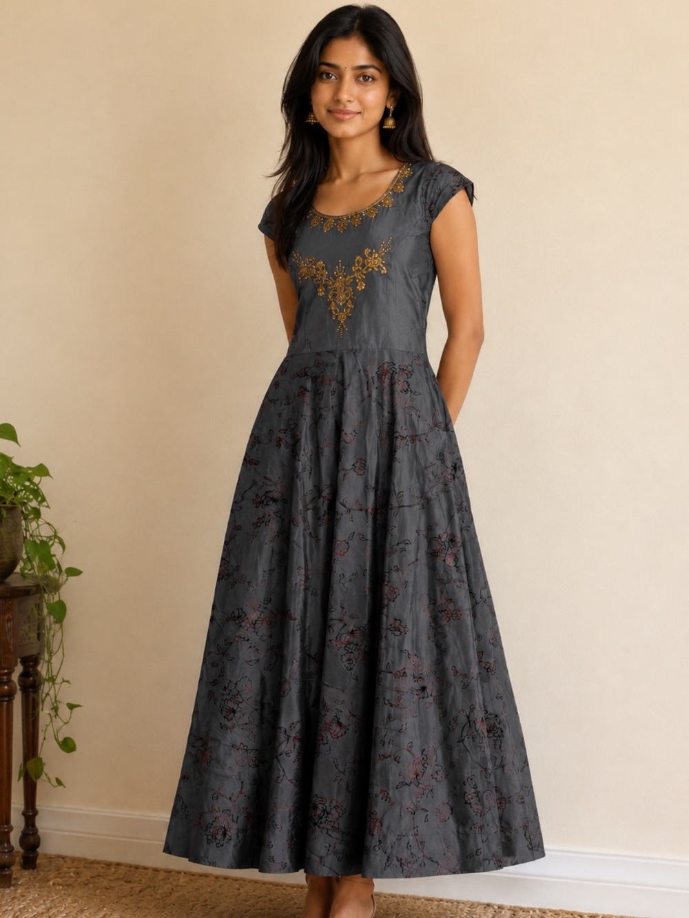 Women’s Charcoal Gray Embroidered Maxi Dress